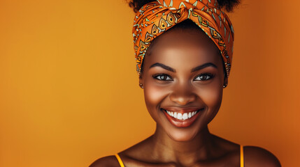 Beautiful young black woman smiling with African pattern head wrap on a bright orange gradient background. Room for copy.