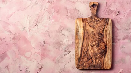 A wooden cutting board lays against a soft pink wall