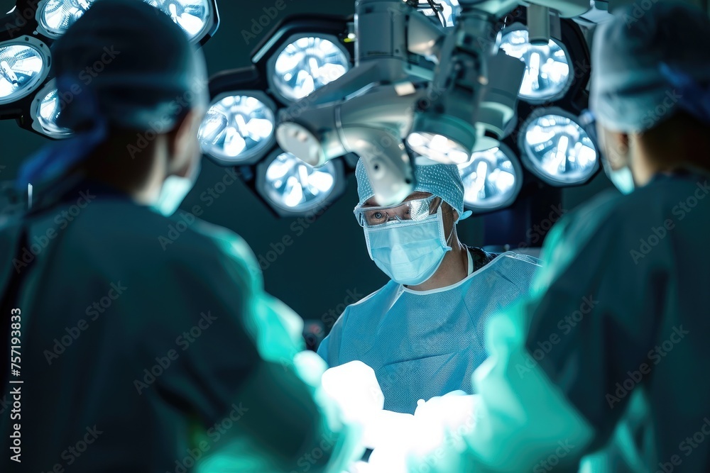 Poster surgeons perform surgery on patients in a busy operating room, utilizing precision instruments and a