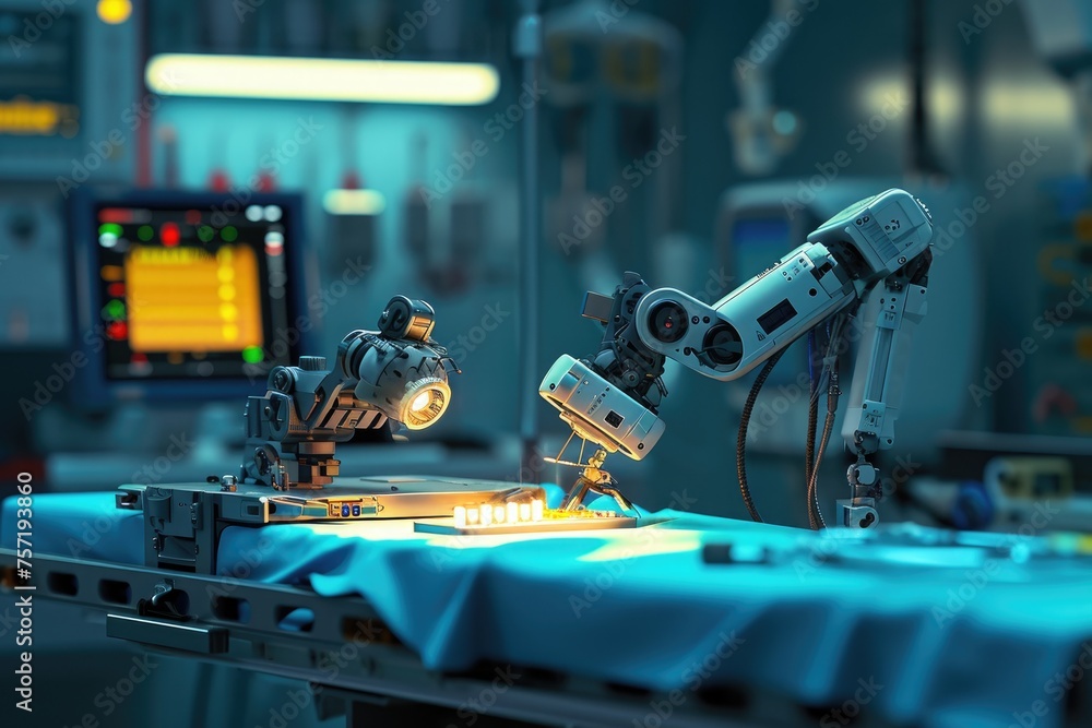 Poster a robot operating a machine in a factory, carrying out tasks efficiently and accurately, nano-robots