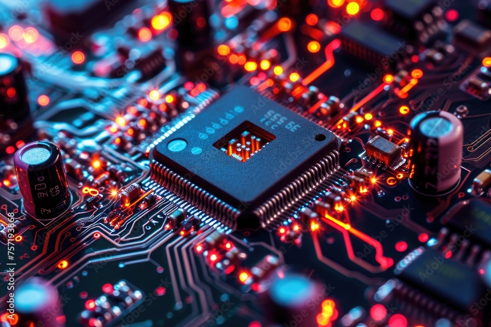 Aufkleber close up of a computer circuit board, nanoscale components of a future tech device, ai generated