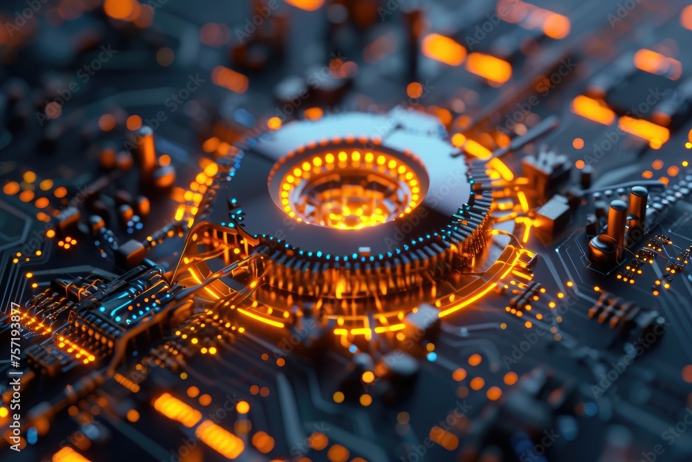 Poster this close up photo showcases the intricate details of a computer circuit board, nanoscale component