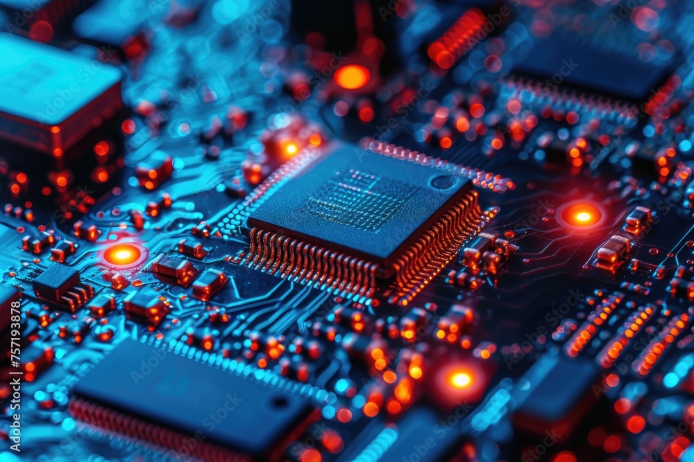 Poster a detailed view of a circuit board featuring vivid red and blue lights illuminating the intricate el