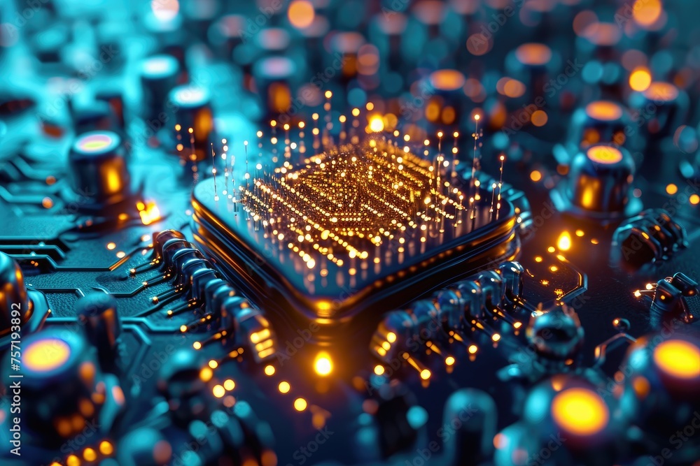 Poster a detailed image displaying a close up view of a processor chip, showcasing its intricate circuits a