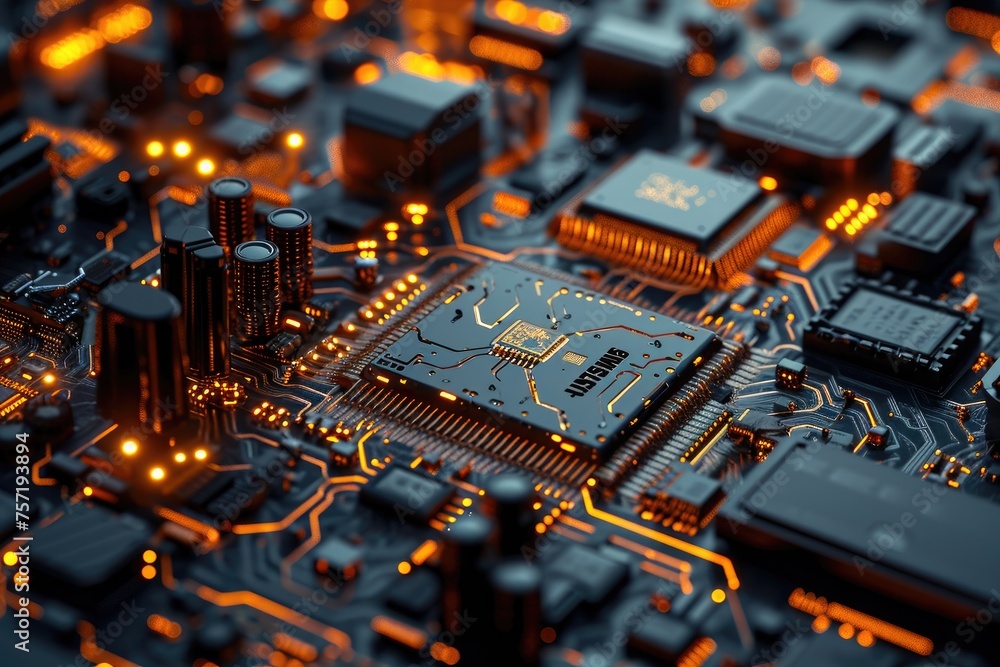 Poster a detailed view of the intricate components and pathways on a computer circuit board, nanoscale comp