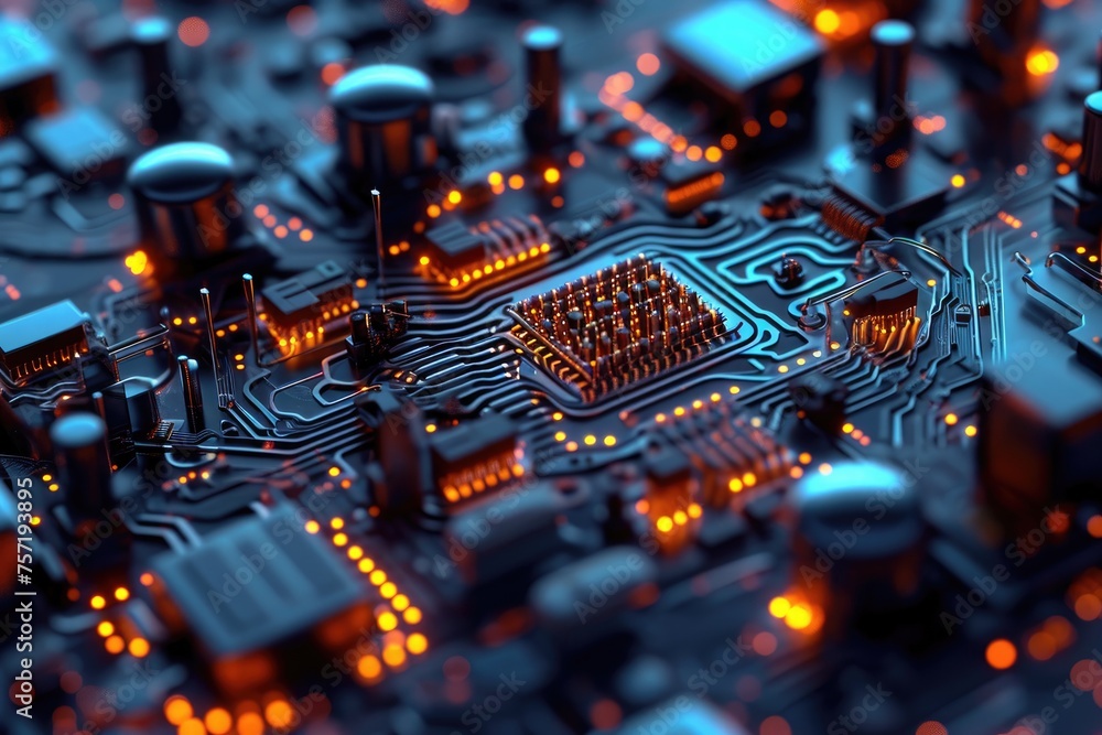 Poster a detailed view of the inner workings of a computer circuit board, revealing its intricate component