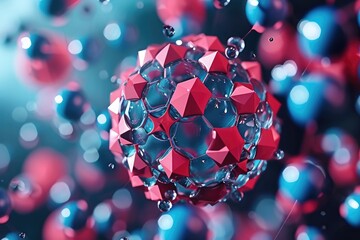 A red and blue sphere floats amidst a cluster of transparent bubbles, Nanoparticles self-assembling into a larger structure, AI Generated