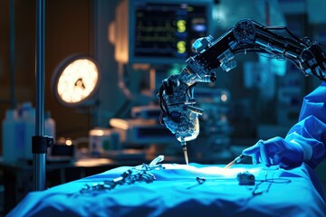 A robotic hand is shown working on a piece of equipment with precision and efficiency, Nano-robots performing surgical operation, AI Generated - obrazy, fototapety, plakaty