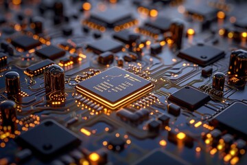 A detailed view of a circuit board featuring numerous lights and electrical components, Nanoscale components of a future tech device, AI Generated