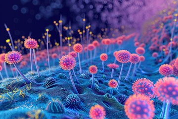 Fototapeta na wymiar An image showing a collection of pink and purple flowers arranged on a blue surface, Nanotechnology landscape with microscopic view of nanostructures, AI Generated