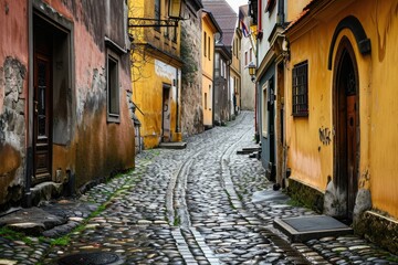 The photo captures a charming cobblestone street in a European city, showcasing its historic architecture and vibrant atmosphere, Narrow cobblestone streets in a historic European town, AI Generated