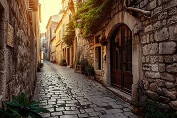 A photo showing a narrow cobblestone street lined with historic buildings in an old town, Narrow...