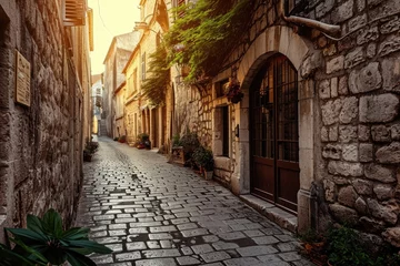 Deurstickers A photo showing a narrow cobblestone street lined with historic buildings in an old town, Narrow cobblestone streets in a historic European town, AI Generated © Ifti Digital