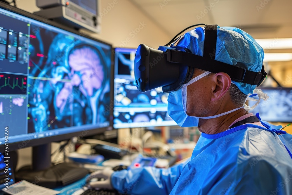 Poster a man wearing a mask and goggles focuses on the computer screen in front of him, neurosurgeon using 