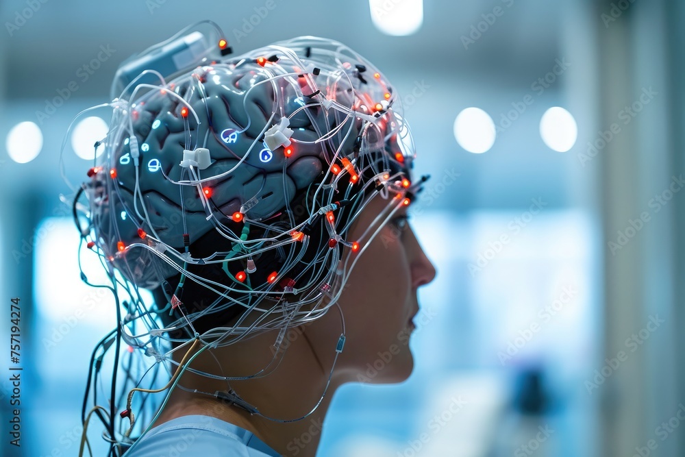 Poster a photograph showcasing a womans head with wires arranged to resemble the intricate structure of a b