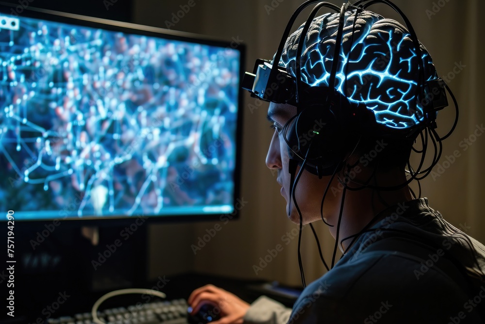 Poster a person wearing headphones is focused on their computer screen while working, non-invasive brain-co
