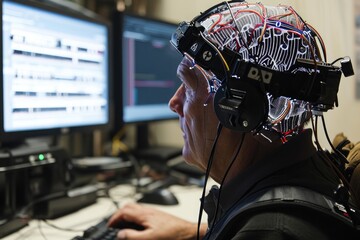 A man wearing a helmet with wires attached to his head for a scientific study or medical procedure, Non-invasive brain-computer interface in use, AI Generated