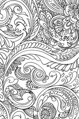 An elaborate and detailed coloring page featuring flowers, swirls, and filigree patterns for relaxation