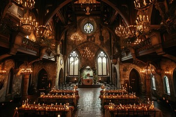 A grand church adorned with numerous candles and chandeliers providing atmospheric lighting, Old-world castle setting for a medieval-themed wedding, AI Generated