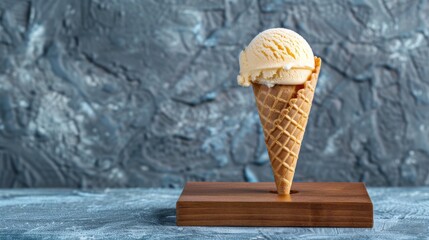 A delicious ice cream cone resting on a rustic wooden stand