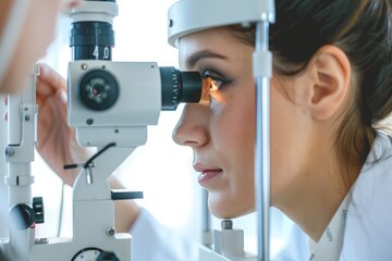 A woman wearing lab coat and protective goggles examines a specimen through a microscope with great focus, Optometrist examining a patient's eyes, AI Generated