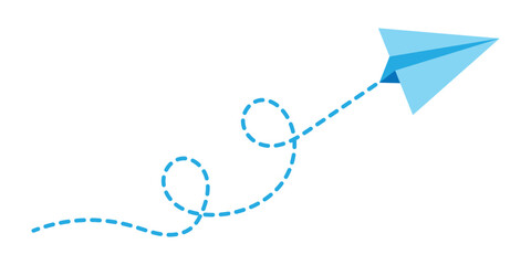 Paper plane with dotted line travel and route symbol in line style, Origami paper airplane, Black linear paper plane icon.