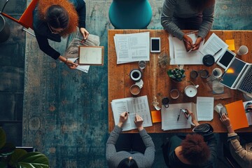 A gathering of individuals sitting together at a sturdy wooden table, engaging in conversation and sharing a meal, Overhead view of a professional meeting with documents and coffee cups, AI Generated - obrazy, fototapety, plakaty
