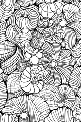 Black and white line drawing featuring complex floral and shell-like patterns for visual interest and artistry