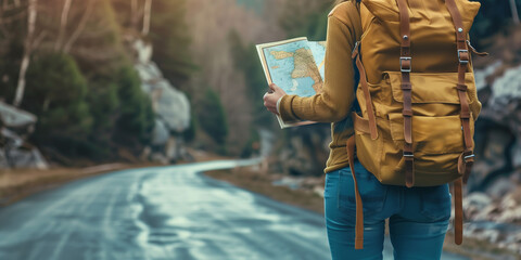 Wanderer mit großem Rucksack hält Landkarte in den Händen und sucht den Weg - obrazy, fototapety, plakaty