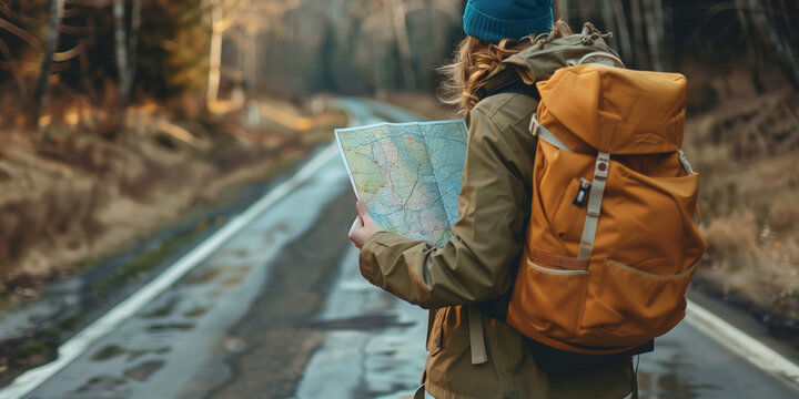 Wanderer mit gro&szlig;em Rucksack h&auml;lt Landkarte in den H&auml;nden und sucht den Weg