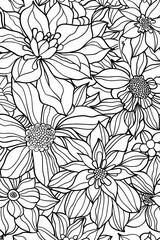 Monochrome botanical artwork showcasing a variety of flowers and leaves with fine lines and shading