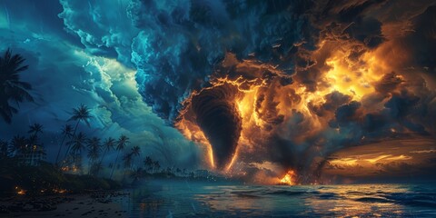 A massive tornado on the beach with dark clouds and palm trees, a burning city in front of it.