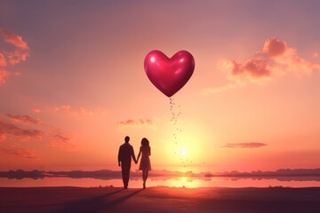 A romantic sunset with a silhouette of a couple embracing each other with a heart shaped balloon floating in the sky