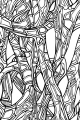 An abstract arrangement of intertwining, organic lines forming a complex pattern