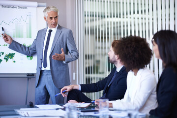 Business people, man and presentation or conference on infographics with white board, financial...