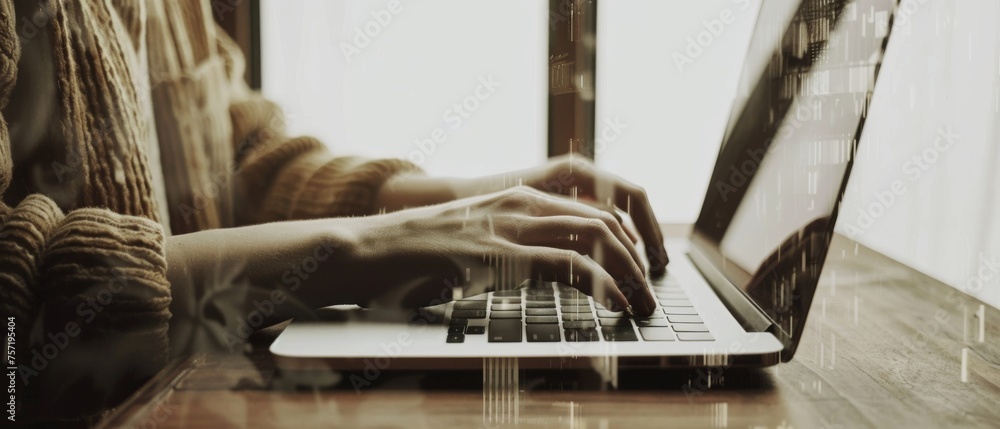Poster Two exposures of a business man working on a blank-screen laptop computer on a wooden desk as part of a concept showing how social media works