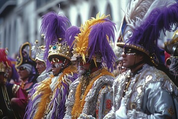 Fototapeta premium A diverse group of individuals wearing various costumes and standing closely beside each other, People dressed in elaborate costumes at a Mardi Gras parade, AI Generated