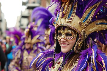Obraz premium A woman wearing a vibrant purple and gold mask poses for the camera, People dressed in elaborate costumes at a Mardi Gras parade, AI Generated