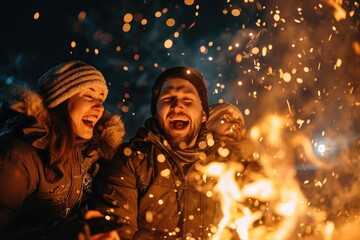 A man and a woman are standing in front of a fire, warming themselves with flames flickering in the background, People laughing and celebrating around a bonfire, AI Generated
