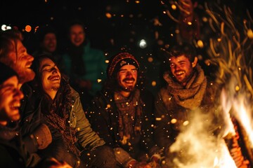 A group of individuals gathered in a circle, sitting around a crackling fire, enjoying each others company, People laughing and celebrating around a bonfire, AI Generated