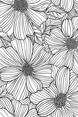 A close-up botanical illustration that focuses on the detailed structures and patterns of blooming daisy flowers