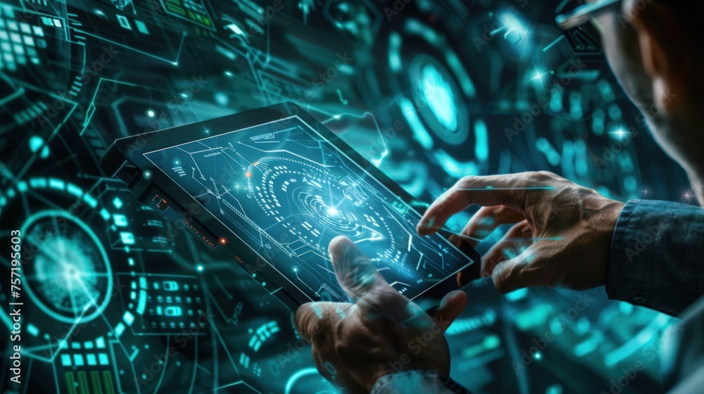 Aufkleber person working using futuristic digital tablet for technology concept. generate ai image
