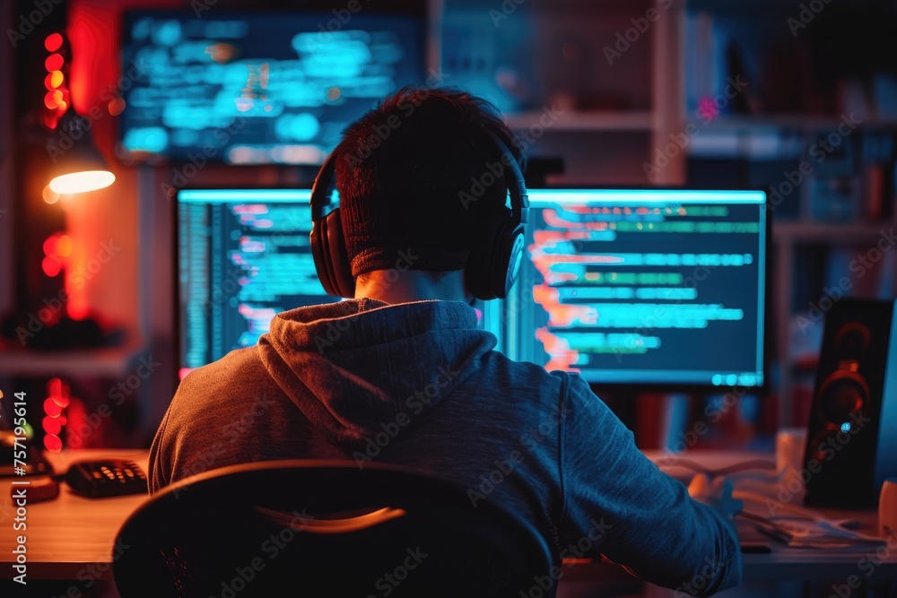 Poster a person wearing headphones sits in front of a computer, focused on their work, person coding a comp