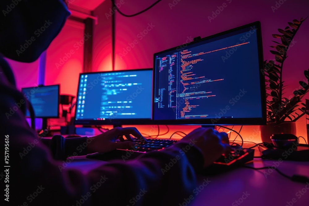Poster a person is seated in front of two computer monitors, engaged in work or leisure activities, person 