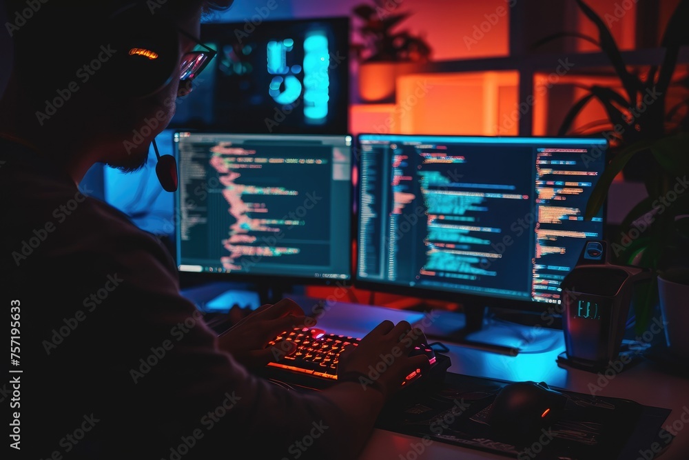 Poster a man seated in front of two computer monitors, concentrating on his work, person coding a complex s