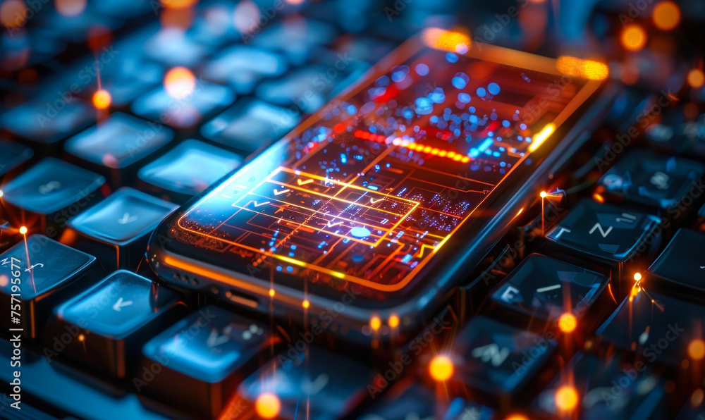 Poster futuristic smartphone on a keyboard with glowing digital checklist, confirming task completion, high