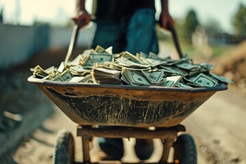 A wheelbarrow filled with stacks of money is parked on a dirt road, Person carrying a wheelbarrow full of dollars representing hyperinflation, AI Generated