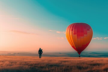 A person stands in a field with a colorful hot air balloon in the background, Person pumping air into a balloon named 'Economy', AI Generated