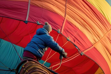A man wearing a blue jacket is seen inside a vibrant hot air balloon, Person pumping air into a balloon named 'Economy', AI Generated - obrazy, fototapety, plakaty