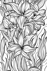 This image features a close-up of beautiful lily flowers with swirling petals and leaves, resembling an elegant black and white tapestry
